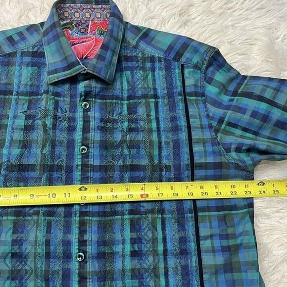 Robert Graham Dragon Embroidered Green & Blue Plaid Button Up Mens XL Shirt - Picture 7 of 11